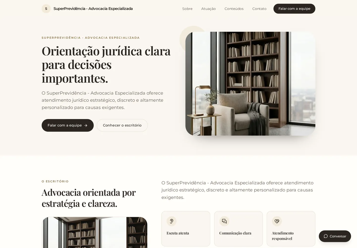 Modelo Humano e Próximo: site jurídico acolhedor com destaque para as pessoas do escritório
