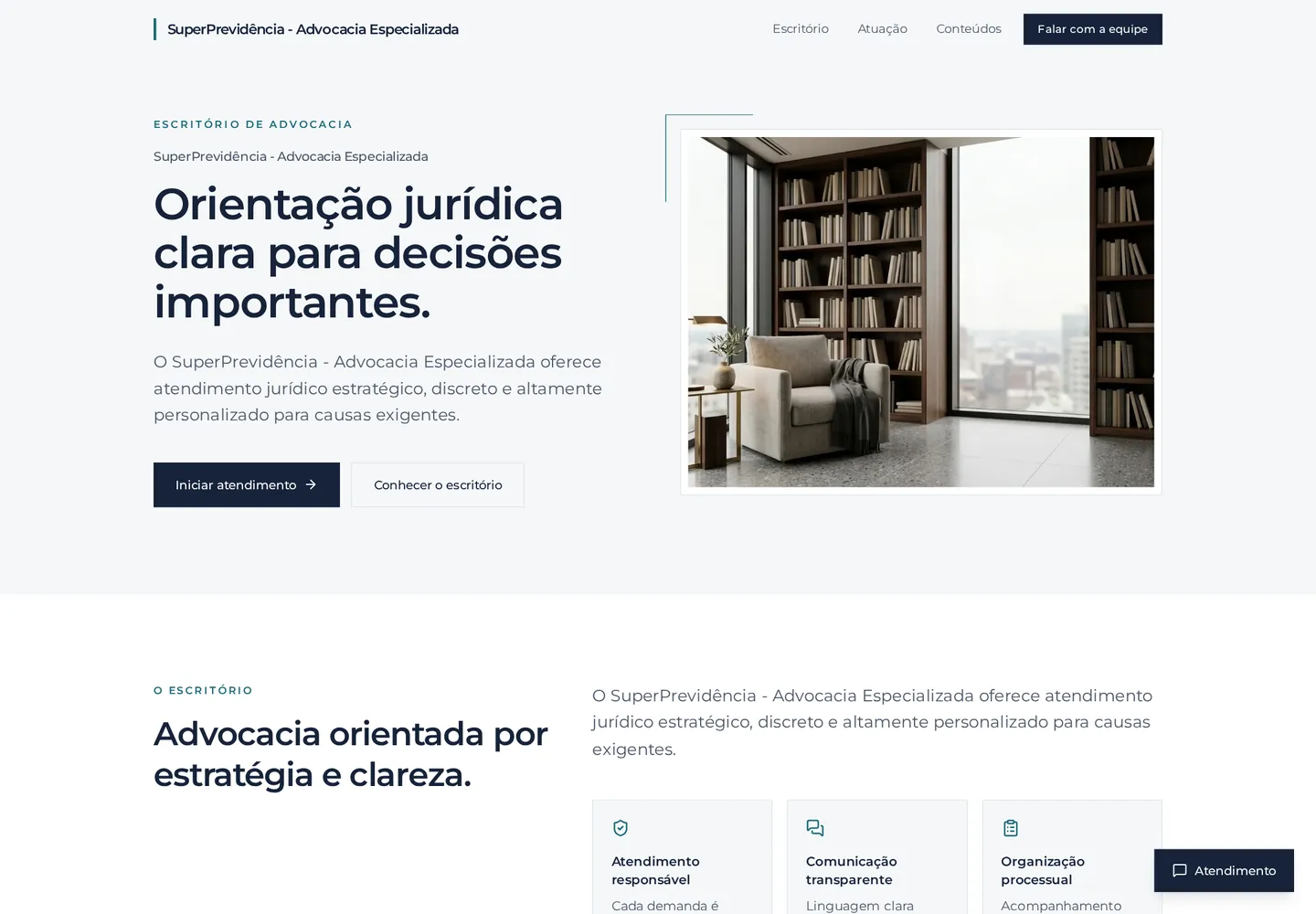Modelo Institucional: site jurídico claro e sóbrio com foco em credibilidade