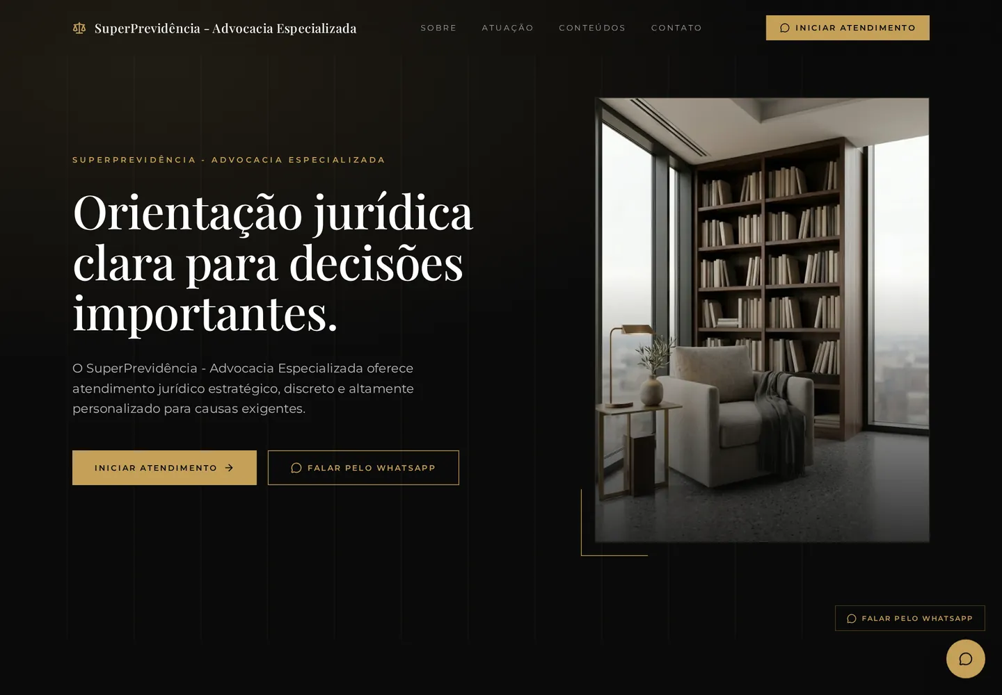 Modelo Premium Escuro: site jurídico em fundo escuro com detalhes dourados